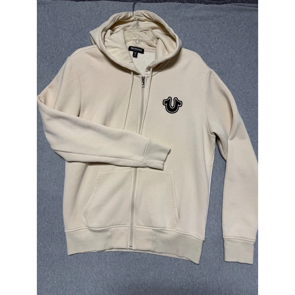 True Religion Mens Cream Full Zip Horseshoe Logo Fleece Hoodie Size Large L